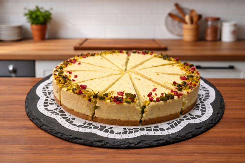 Pistáciový cheesecake (krájeno na 14 dílů)